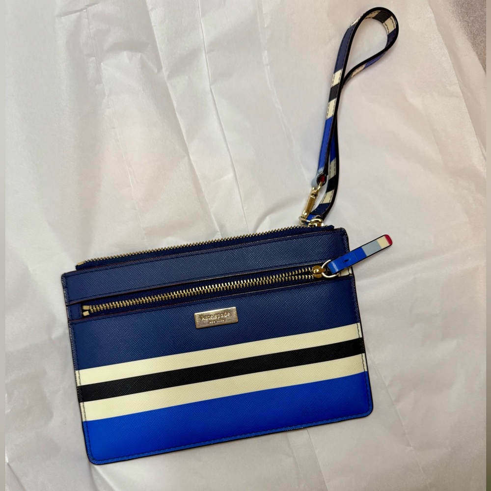 Kate Spade Laurel Way Tinie Wristlet Blue Stripe Zip Wallet Clutch - Picture 7 of 7